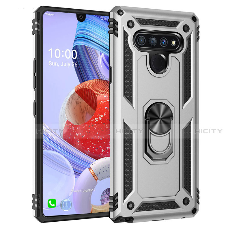 Coque Contour Silicone et Plastique Housse Etui Mat avec Magnetique Support Bague Anneau pour LG Stylo 6 Argent Plus