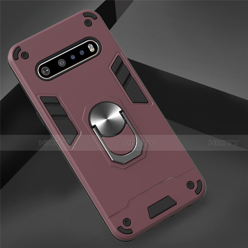 Coque Contour Silicone et Plastique Housse Etui Mat avec Magnetique Support Bague Anneau pour LG V60 ThinQ 5G Vin Rouge Plus