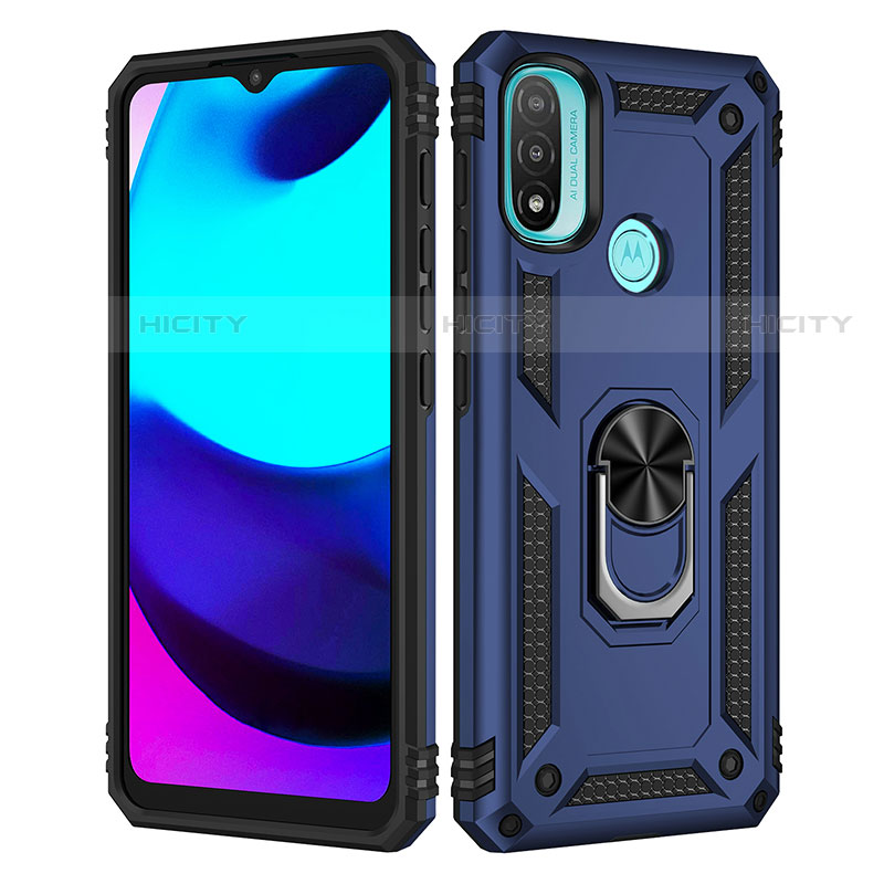 Coque Contour Silicone et Plastique Housse Etui Mat avec Magnetique Support Bague Anneau pour Motorola Moto E30 Bleu Plus