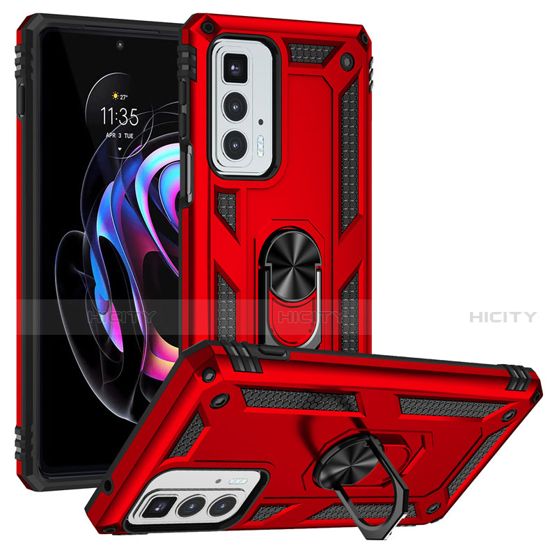 Coque Contour Silicone et Plastique Housse Etui Mat avec Magnetique Support Bague Anneau pour Motorola Moto Edge 20 Pro 5G Rouge Plus