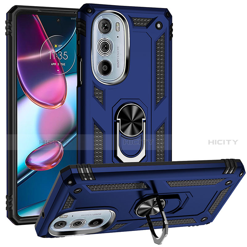 Coque Contour Silicone et Plastique Housse Etui Mat avec Magnetique Support Bague Anneau pour Motorola Moto Edge 30 Pro 5G Bleu Plus