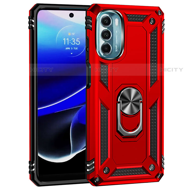 Coque Contour Silicone et Plastique Housse Etui Mat avec Magnetique Support Bague Anneau pour Motorola Moto G 5G (2022) Rouge Plus