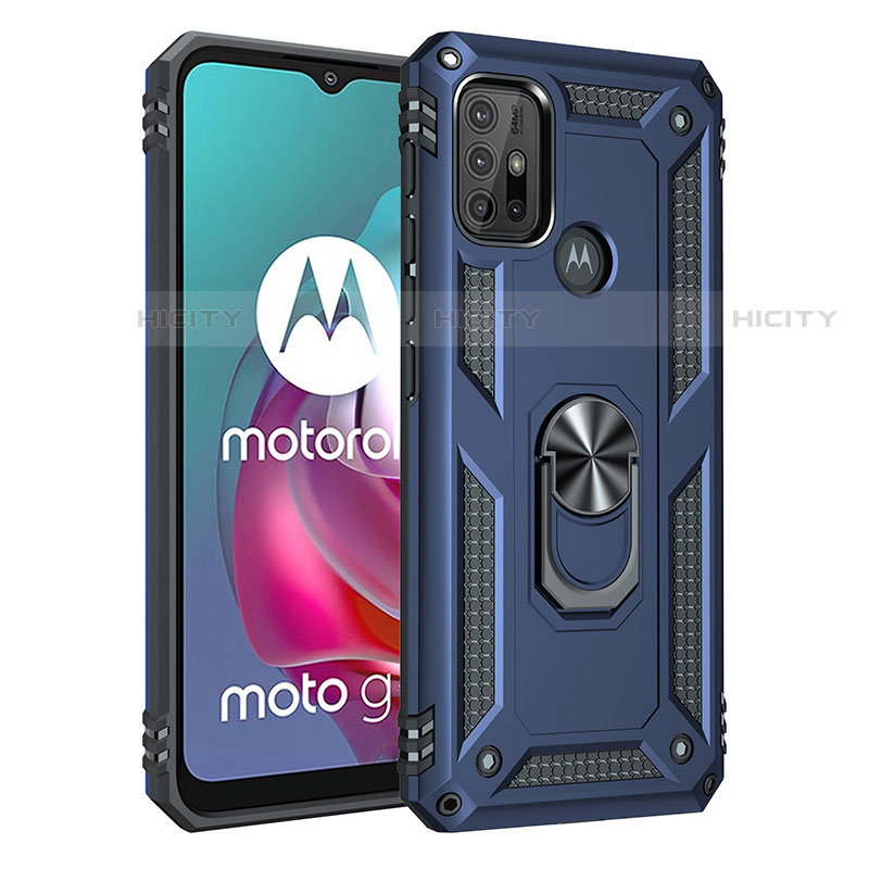 Coque Contour Silicone et Plastique Housse Etui Mat avec Magnetique Support Bague Anneau pour Motorola Moto G10 Bleu Plus