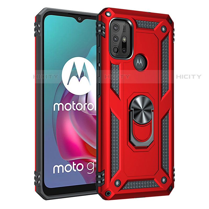 Coque Contour Silicone et Plastique Housse Etui Mat avec Magnetique Support Bague Anneau pour Motorola Moto G10 Power Rouge Plus