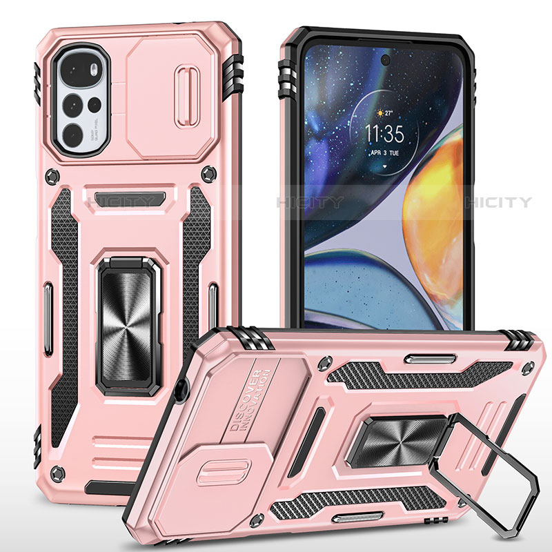 Coque Contour Silicone et Plastique Housse Etui Mat avec Magnetique Support Bague Anneau pour Motorola Moto G22 Or Rose Plus