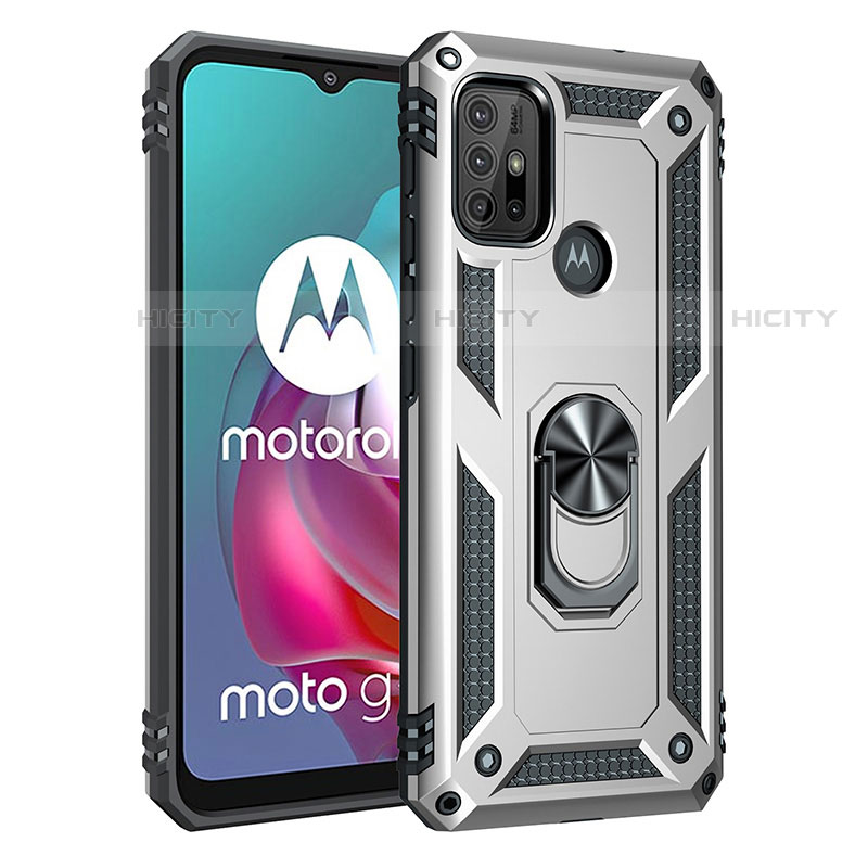 Coque Contour Silicone et Plastique Housse Etui Mat avec Magnetique Support Bague Anneau pour Motorola Moto G30 Argent Plus