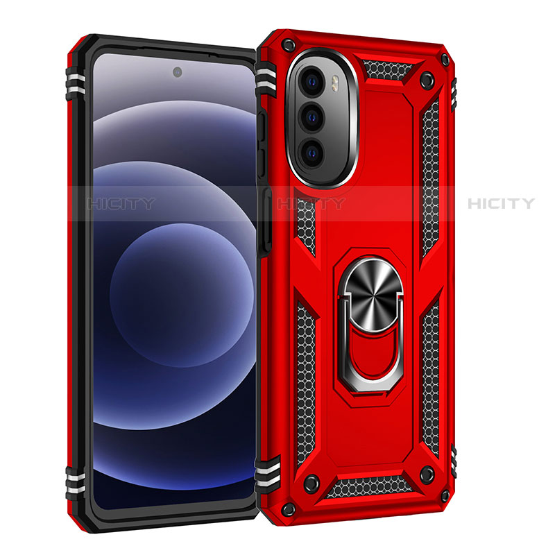 Coque Contour Silicone et Plastique Housse Etui Mat avec Magnetique Support Bague Anneau pour Motorola MOTO G52 Rouge Plus