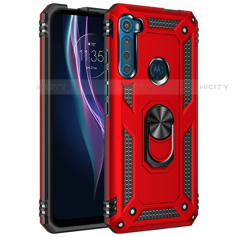 Coque Contour Silicone et Plastique Housse Etui Mat avec Magnetique Support Bague Anneau pour Motorola Moto One Fusion Plus Rouge Plus