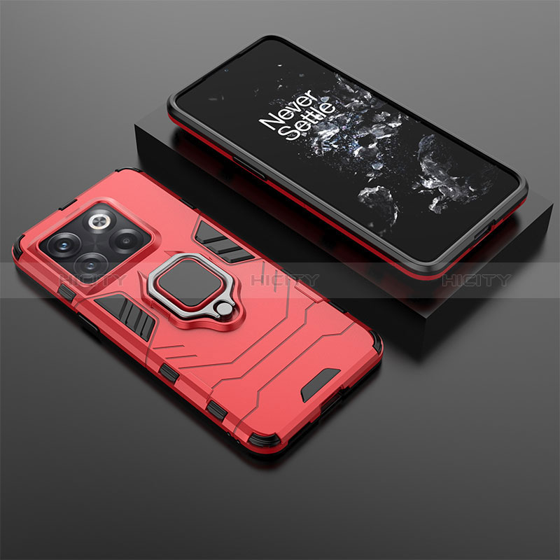 Coque Contour Silicone et Plastique Housse Etui Mat avec Magnetique Support Bague Anneau pour OnePlus 10T 5G Rouge Plus