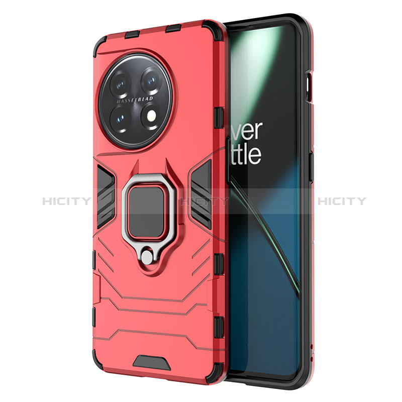 Coque Contour Silicone et Plastique Housse Etui Mat avec Magnetique Support Bague Anneau pour OnePlus 11 5G Rouge Plus