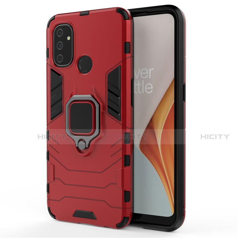 Coque Contour Silicone et Plastique Housse Etui Mat avec Magnetique Support Bague Anneau pour OnePlus Nord N100 Rouge Plus