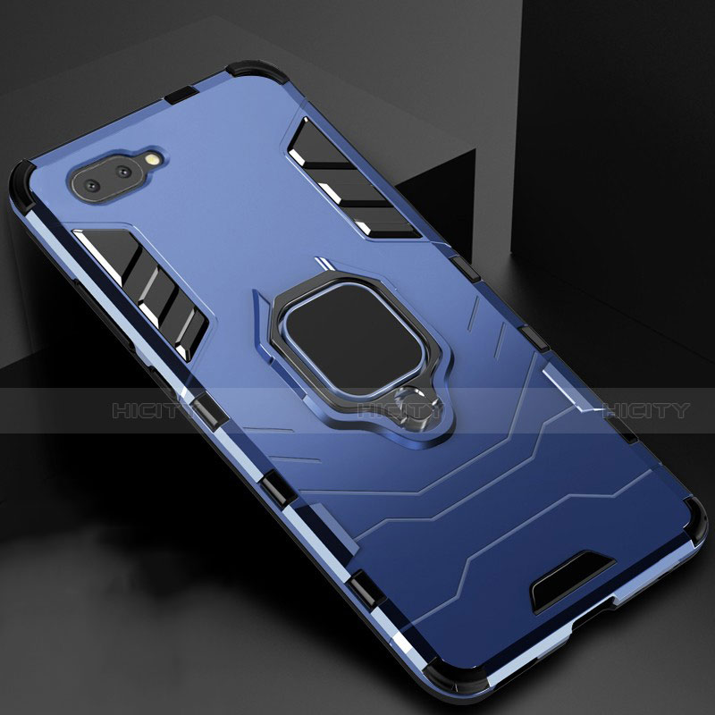 Coque Contour Silicone et Plastique Housse Etui Mat avec Magnetique Support Bague Anneau pour Oppo AX5 Bleu Plus