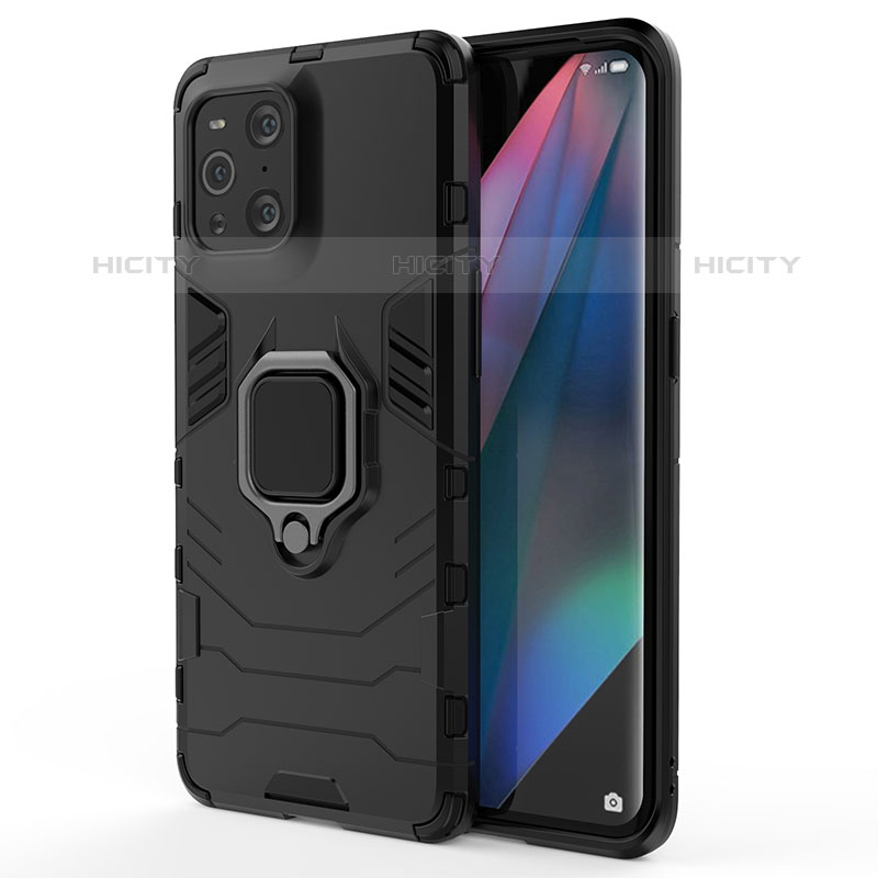 Coque Contour Silicone et Plastique Housse Etui Mat avec Magnetique Support Bague Anneau pour Oppo Find X3 Pro 5G Noir Plus