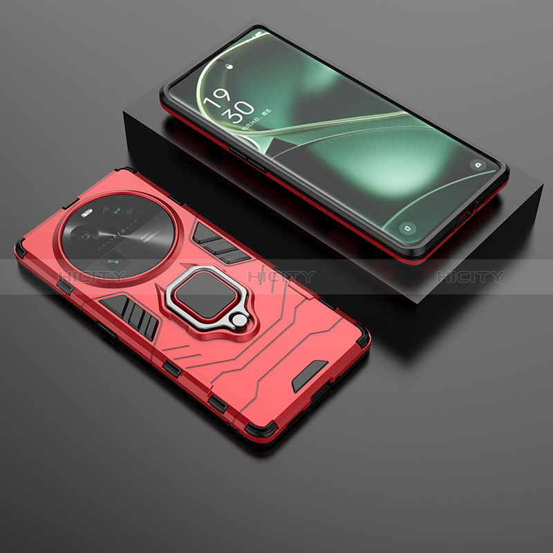 Coque Contour Silicone et Plastique Housse Etui Mat avec Magnetique Support Bague Anneau pour Oppo Find X6 5G Rouge Plus