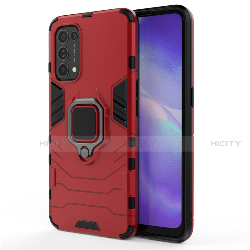 Coque Contour Silicone et Plastique Housse Etui Mat avec Magnetique Support Bague Anneau pour Oppo Reno5 5G Rouge Plus