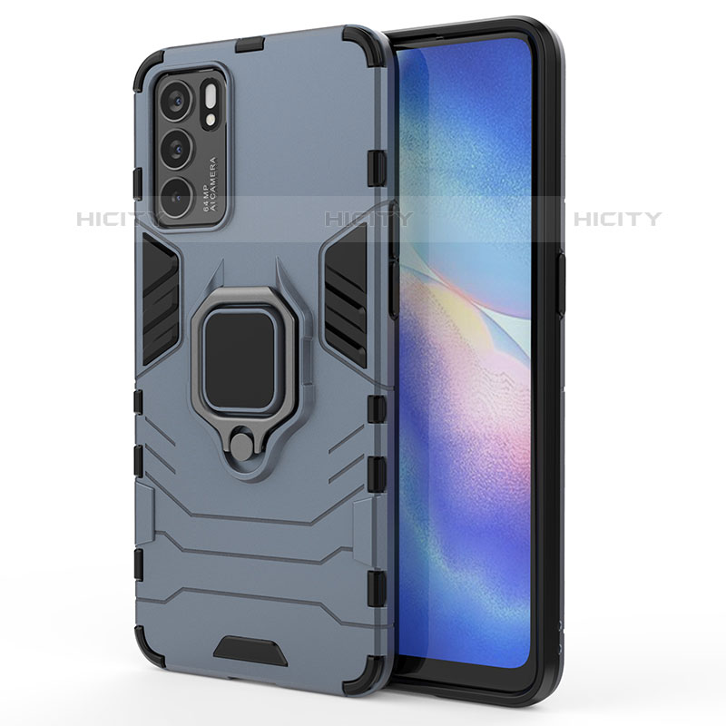 Coque Contour Silicone et Plastique Housse Etui Mat avec Magnetique Support Bague Anneau pour Oppo Reno6 5G Bleu Plus