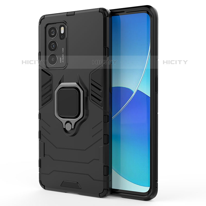 Coque Contour Silicone et Plastique Housse Etui Mat avec Magnetique Support Bague Anneau pour Oppo Reno6 Pro 5G India Noir Plus