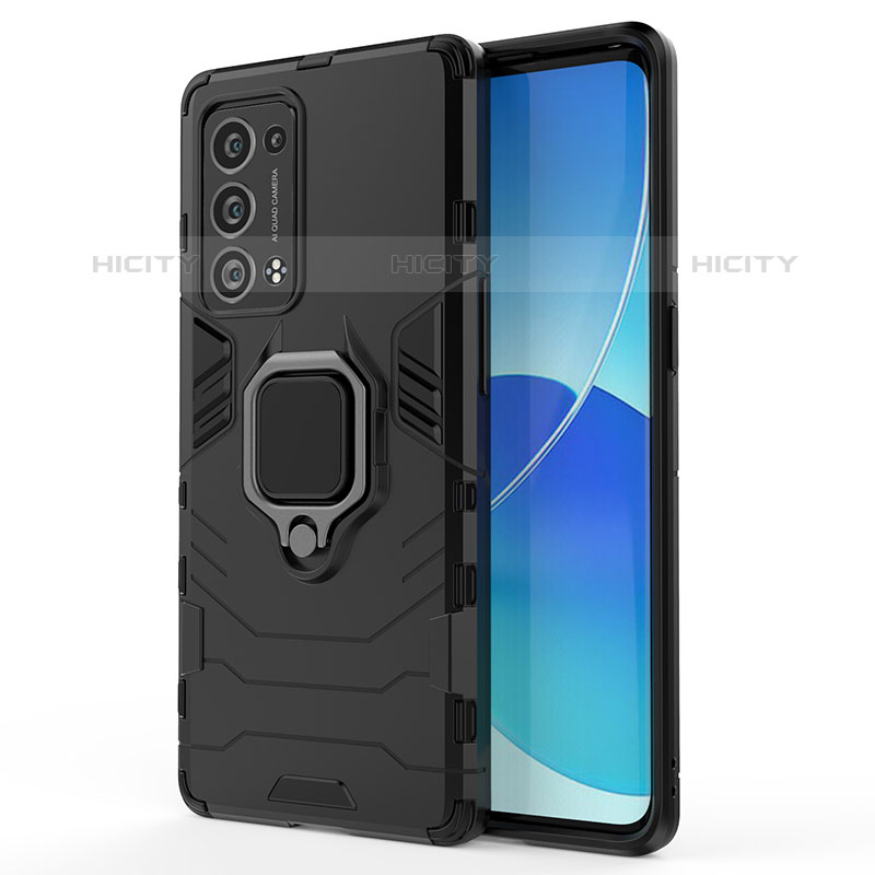 Coque Contour Silicone et Plastique Housse Etui Mat avec Magnetique Support Bague Anneau pour Oppo Reno6 Pro 5G Noir Plus