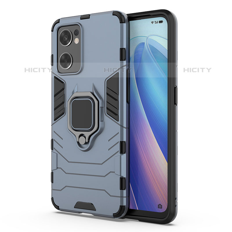 Coque Contour Silicone et Plastique Housse Etui Mat avec Magnetique Support Bague Anneau pour Oppo Reno7 SE 5G Bleu Plus