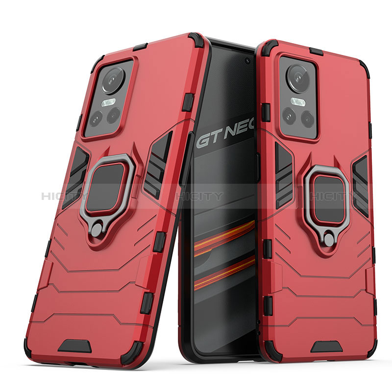 Coque Contour Silicone et Plastique Housse Etui Mat avec Magnetique Support Bague Anneau pour Realme GT Neo3 5G Rouge Plus