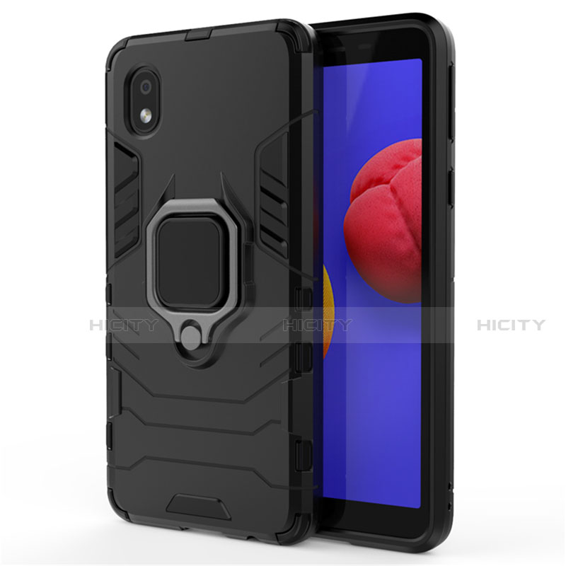 Coque Contour Silicone et Plastique Housse Etui Mat avec Magnetique Support Bague Anneau pour Samsung Galaxy A01 Core Noir Plus