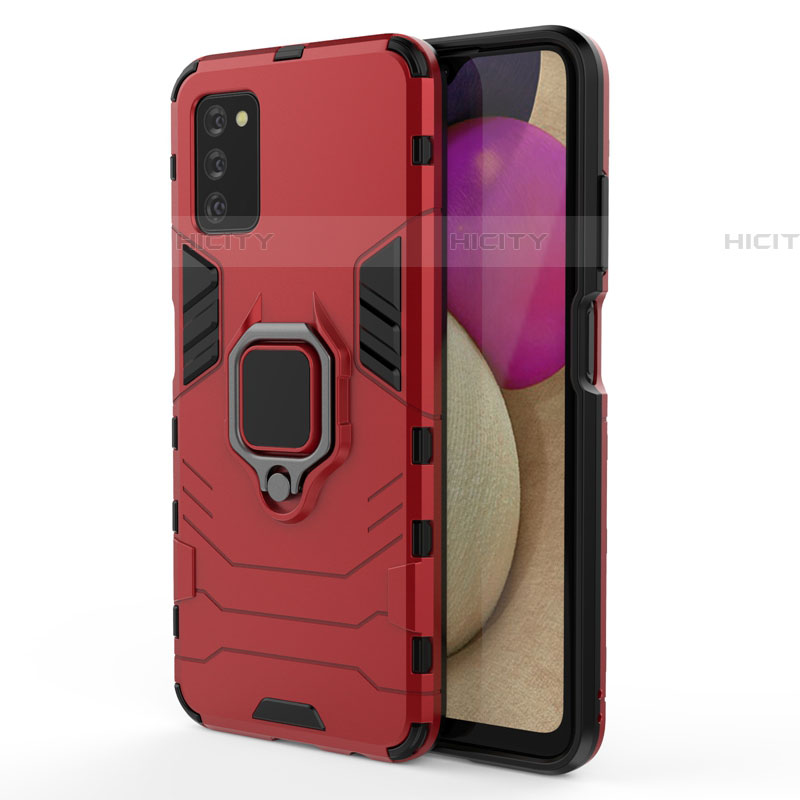 Coque Contour Silicone et Plastique Housse Etui Mat avec Magnetique Support Bague Anneau pour Samsung Galaxy A03s Rouge Plus