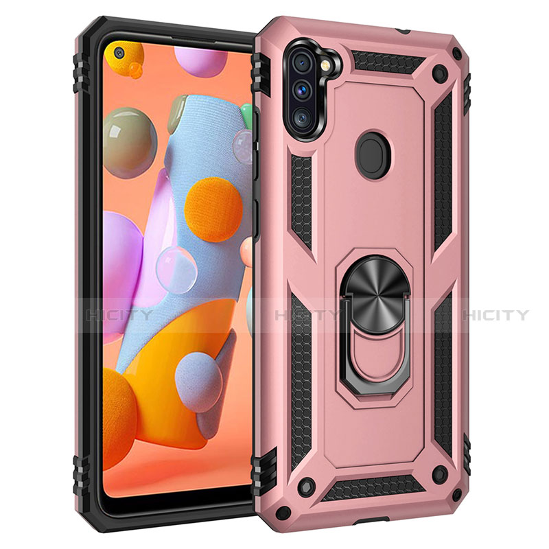 Coque Contour Silicone et Plastique Housse Etui Mat avec Magnetique Support Bague Anneau pour Samsung Galaxy A11 Or Rose Plus