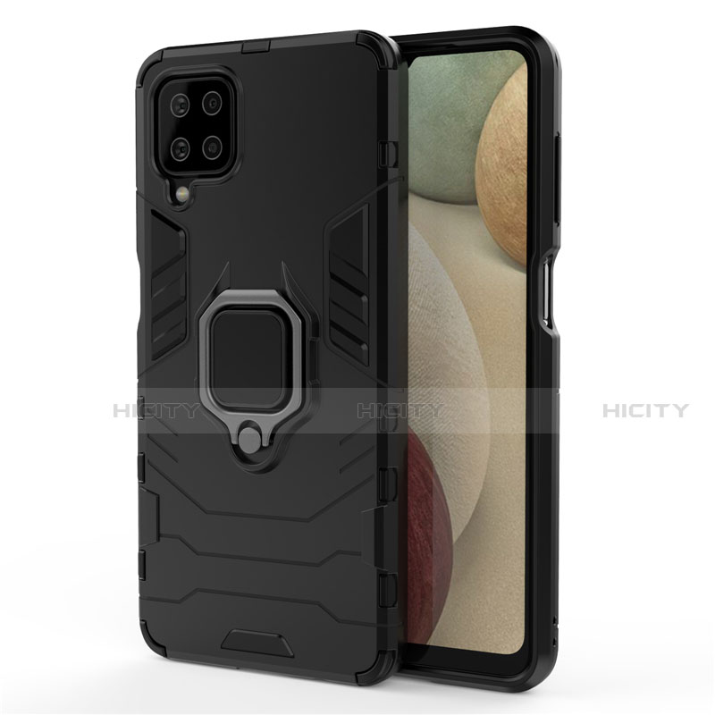 Coque Contour Silicone et Plastique Housse Etui Mat avec Magnetique Support Bague Anneau pour Samsung Galaxy A12 Noir Plus