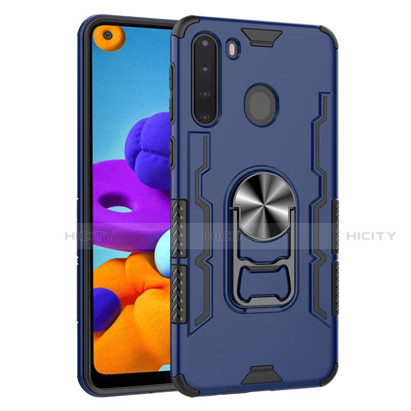 Coque Contour Silicone et Plastique Housse Etui Mat avec Magnetique Support Bague Anneau pour Samsung Galaxy A21 Bleu Plus