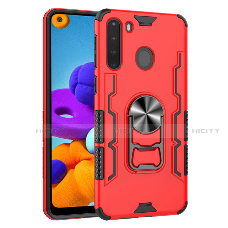 Coque Contour Silicone et Plastique Housse Etui Mat avec Magnetique Support Bague Anneau pour Samsung Galaxy A21 Rouge Plus