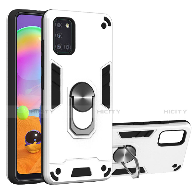 Coque Contour Silicone et Plastique Housse Etui Mat avec Magnetique Support Bague Anneau pour Samsung Galaxy A31 Blanc Plus