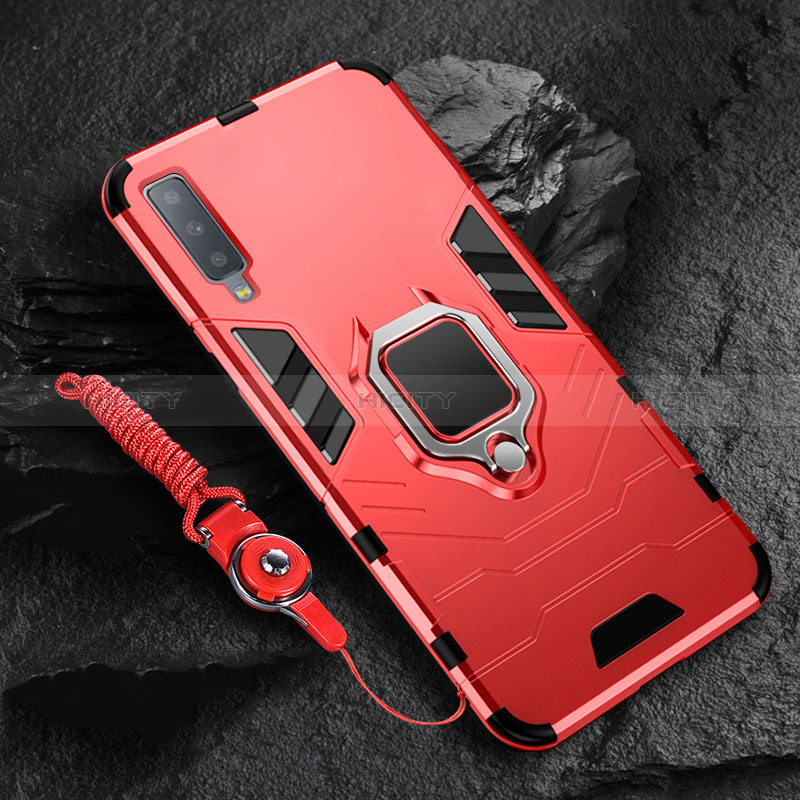 Coque Contour Silicone et Plastique Housse Etui Mat avec Magnetique Support Bague Anneau pour Samsung Galaxy A7 (2018) A750 Rouge Plus