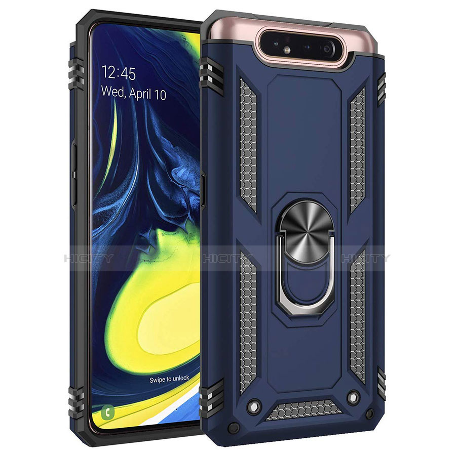 Coque Contour Silicone et Plastique Housse Etui Mat avec Magnetique Support Bague Anneau pour Samsung Galaxy A80 Bleu Plus