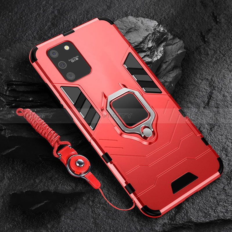 Coque Contour Silicone et Plastique Housse Etui Mat avec Magnetique Support Bague Anneau pour Samsung Galaxy A91 Rouge Plus