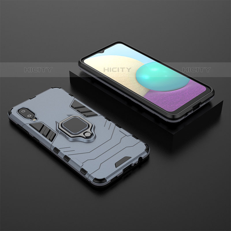 Coque Contour Silicone et Plastique Housse Etui Mat avec Magnetique Support Bague Anneau pour Samsung Galaxy M02 Bleu Plus