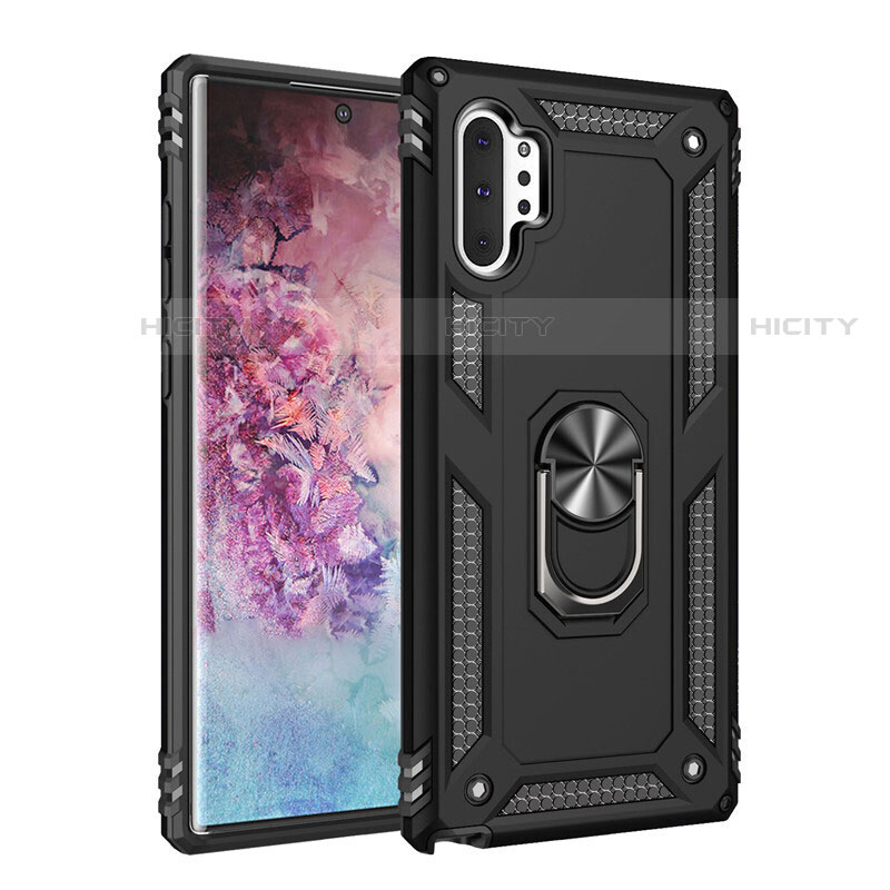 Coque Contour Silicone et Plastique Housse Etui Mat avec Magnetique Support Bague Anneau pour Samsung Galaxy Note 10 Plus 5G Noir Plus