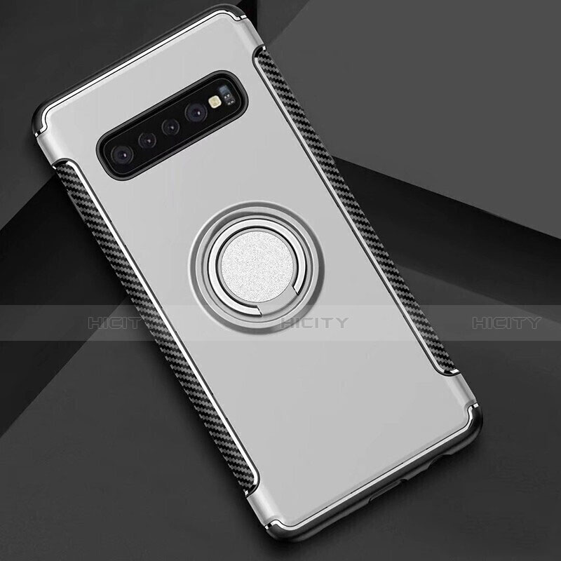 Coque Contour Silicone et Plastique Housse Etui Mat avec Magnetique Support Bague Anneau pour Samsung Galaxy S10 5G Argent Plus