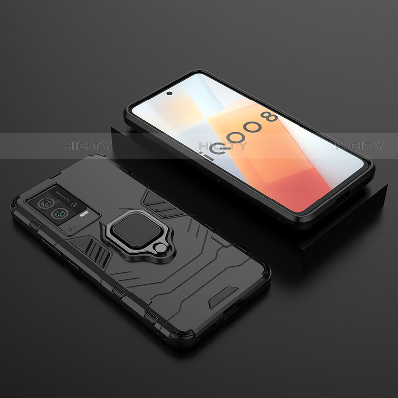 Coque Contour Silicone et Plastique Housse Etui Mat avec Magnetique Support Bague Anneau pour Vivo iQOO 8 5G Noir Plus