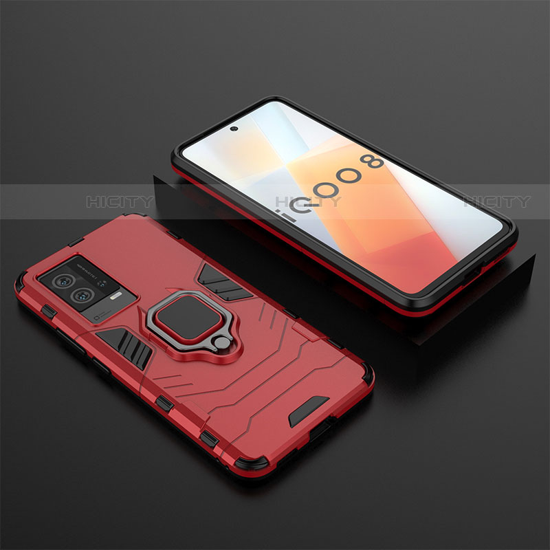 Coque Contour Silicone et Plastique Housse Etui Mat avec Magnetique Support Bague Anneau pour Vivo iQOO 8 5G Rouge Plus