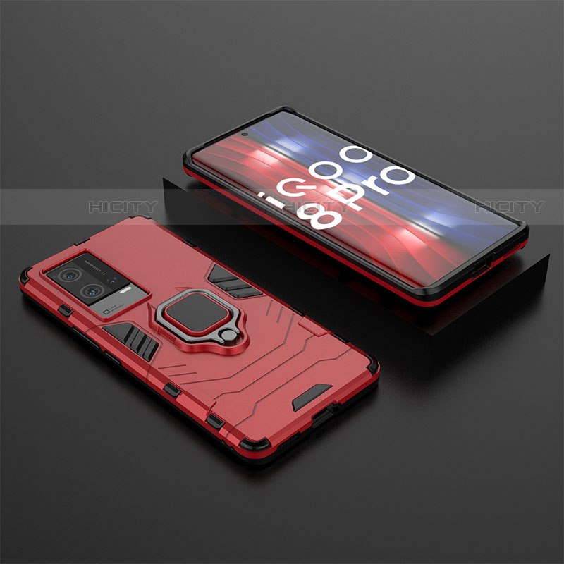 Coque Contour Silicone et Plastique Housse Etui Mat avec Magnetique Support Bague Anneau pour Vivo iQOO 8 Pro 5G Rouge Plus