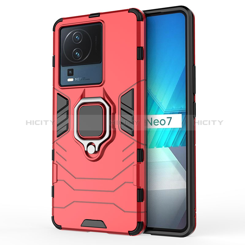 Coque Contour Silicone et Plastique Housse Etui Mat avec Magnetique Support Bague Anneau pour Vivo iQOO Neo7 SE Rouge Plus