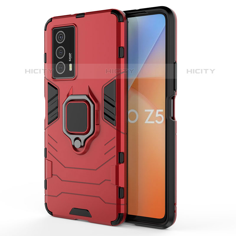 Coque Contour Silicone et Plastique Housse Etui Mat avec Magnetique Support Bague Anneau pour Vivo iQOO Z5 5G Rouge Plus