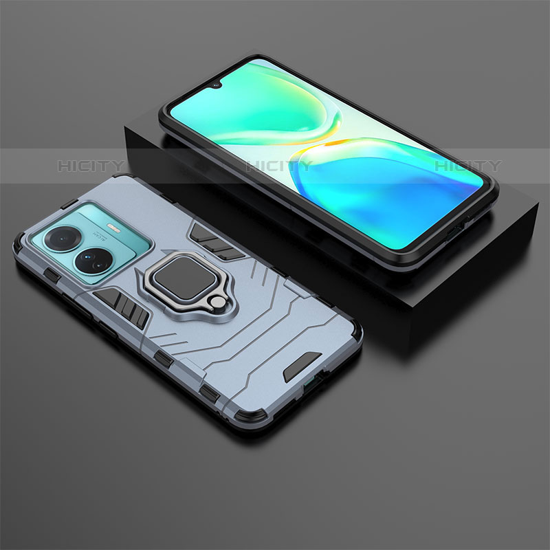 Coque Contour Silicone et Plastique Housse Etui Mat avec Magnetique Support Bague Anneau pour Vivo iQOO Z6 Pro 5G Bleu Plus