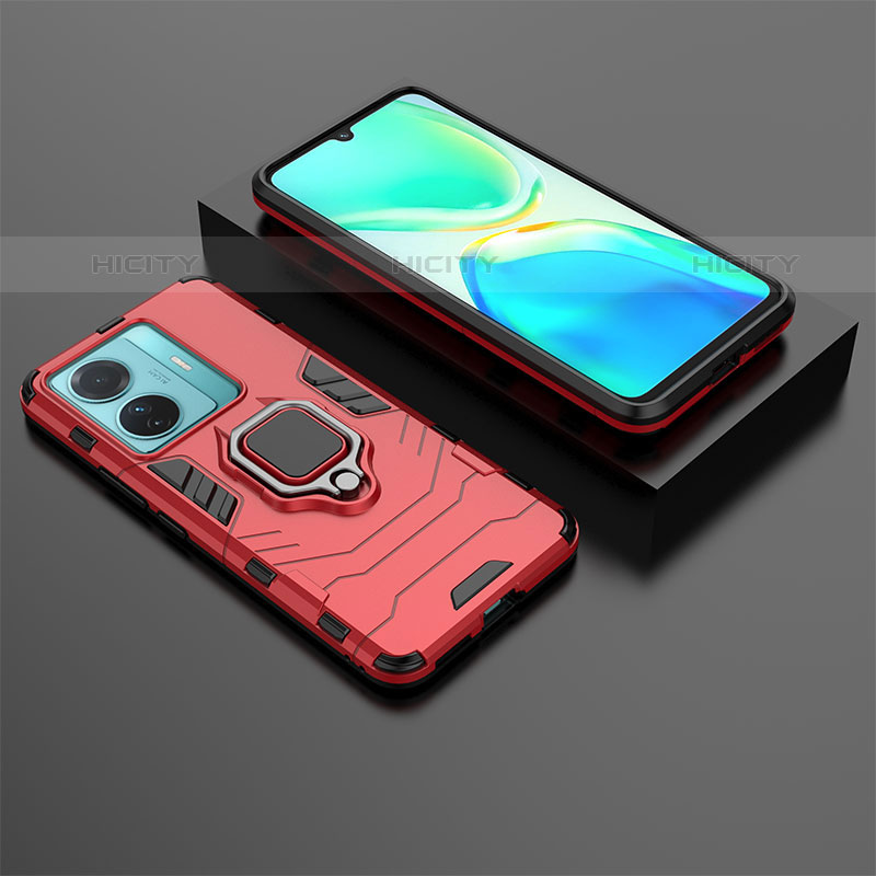 Coque Contour Silicone et Plastique Housse Etui Mat avec Magnetique Support Bague Anneau pour Vivo iQOO Z6 Pro 5G Rouge Plus