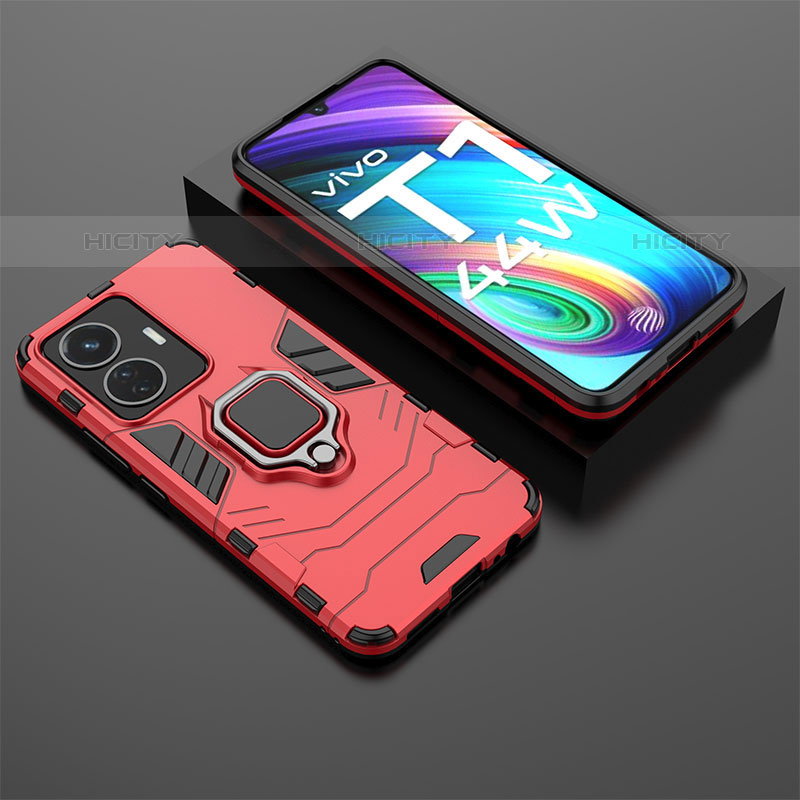 Coque Contour Silicone et Plastique Housse Etui Mat avec Magnetique Support Bague Anneau pour Vivo T1 4G Rouge Plus