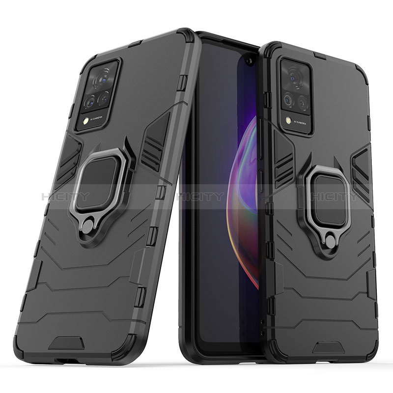 Coque Contour Silicone et Plastique Housse Etui Mat avec Magnetique Support Bague Anneau pour Vivo V21 5G Noir Plus