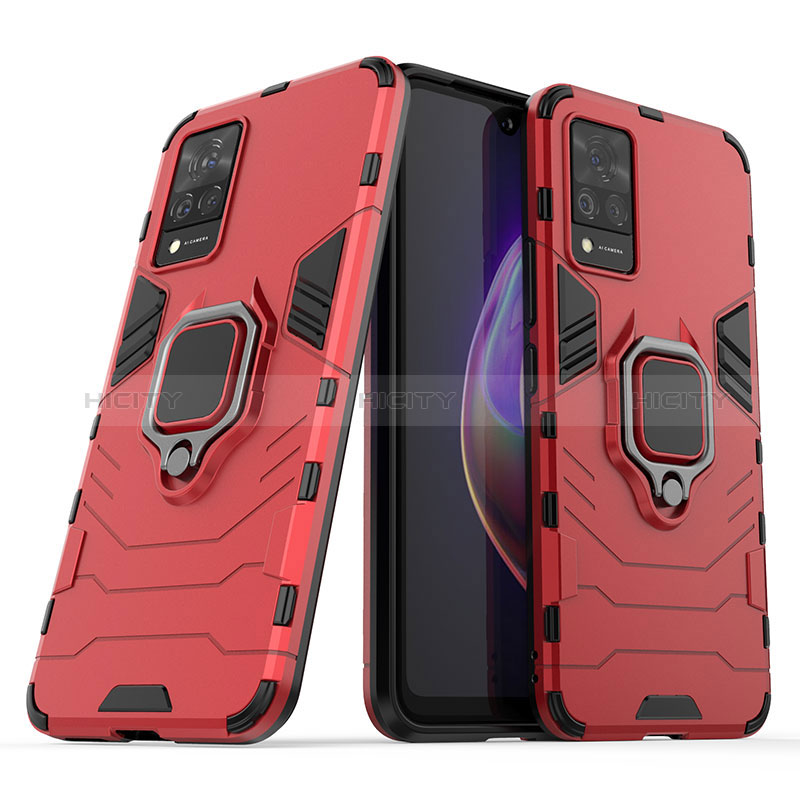 Coque Contour Silicone et Plastique Housse Etui Mat avec Magnetique Support Bague Anneau pour Vivo V21 5G Rouge Plus