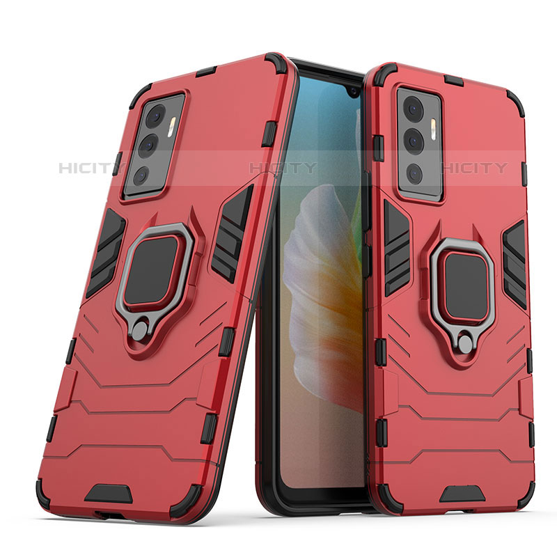 Coque Contour Silicone et Plastique Housse Etui Mat avec Magnetique Support Bague Anneau pour Vivo V23e 5G Rouge Plus