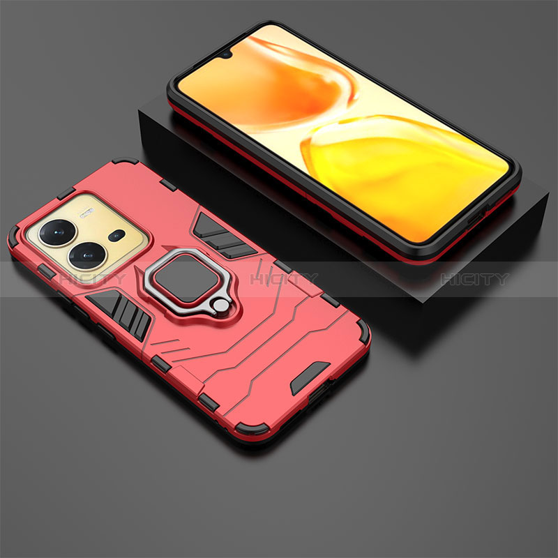 Coque Contour Silicone et Plastique Housse Etui Mat avec Magnetique Support Bague Anneau pour Vivo V25 5G Rouge Plus