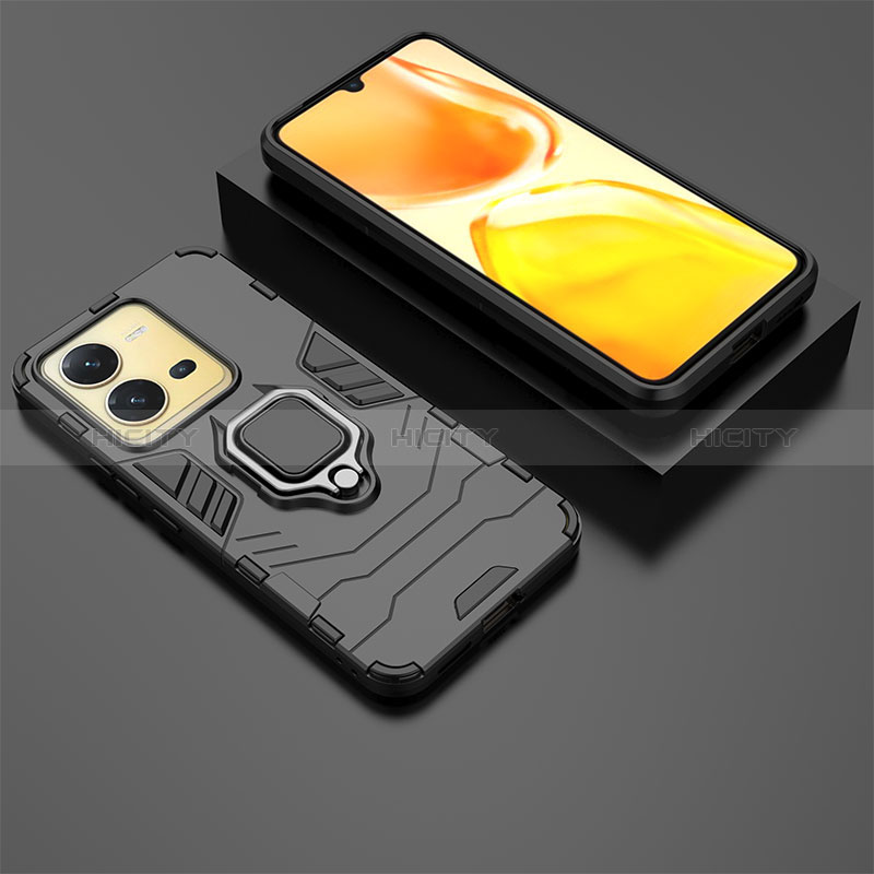 Coque Contour Silicone et Plastique Housse Etui Mat avec Magnetique Support Bague Anneau pour Vivo V25e Noir Plus